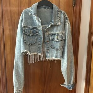 Cropped fringe denim jacket